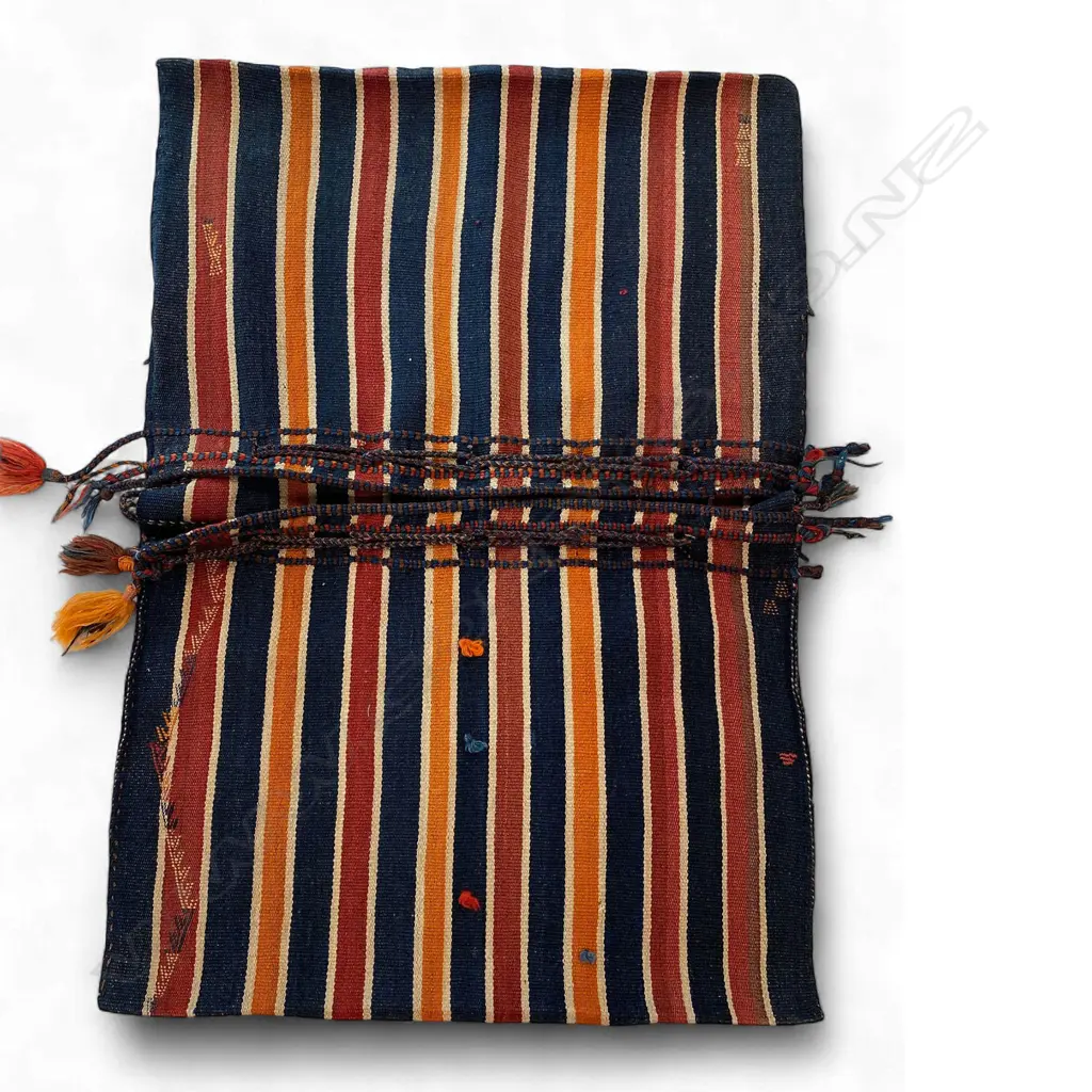 Bag – wool, - flatweave - Central Asian double - vertical fibrilated stripes on blue ground - plaited and tasselled ties. 110 x 78cm Image 1++